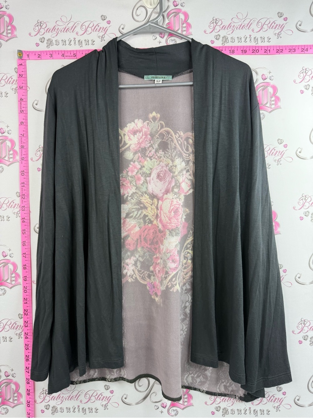 Pleione cardigan flowers Black Open Front Cardigan with Floral Back Panel